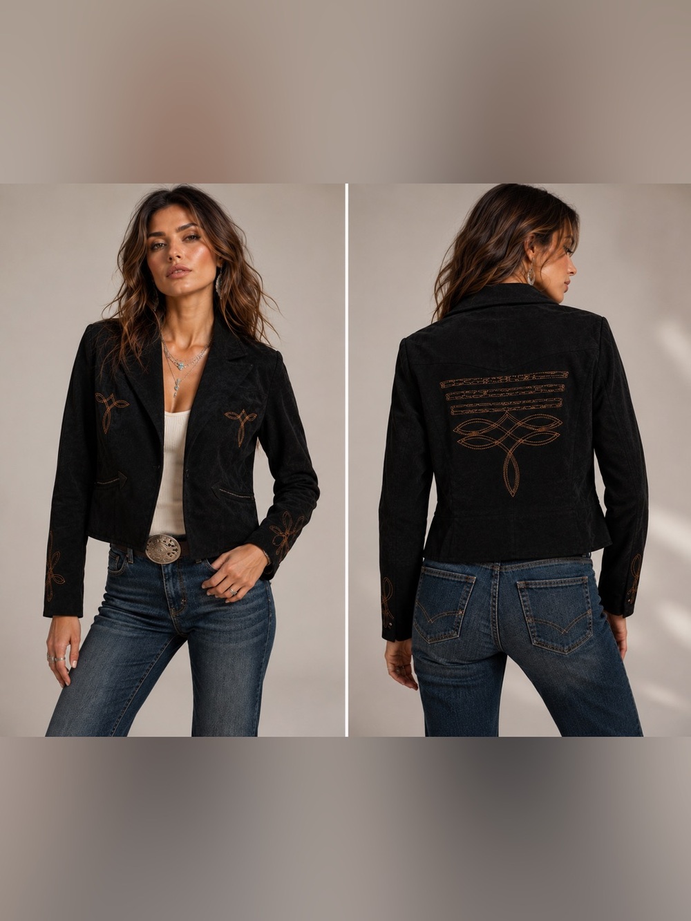 NWT Lucky & Blessed Sz L Western Embroidered Black Suede Jacket Blazer Soft Open
